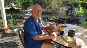 Papa having breakfast in his jammies. Natimuk,  summer 2013.