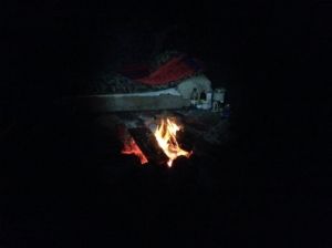 My comfy set up by the fire. Moon overhead. Yummy. The paraphernalia beside my pillow and essential part of the set up. See morning scene below.